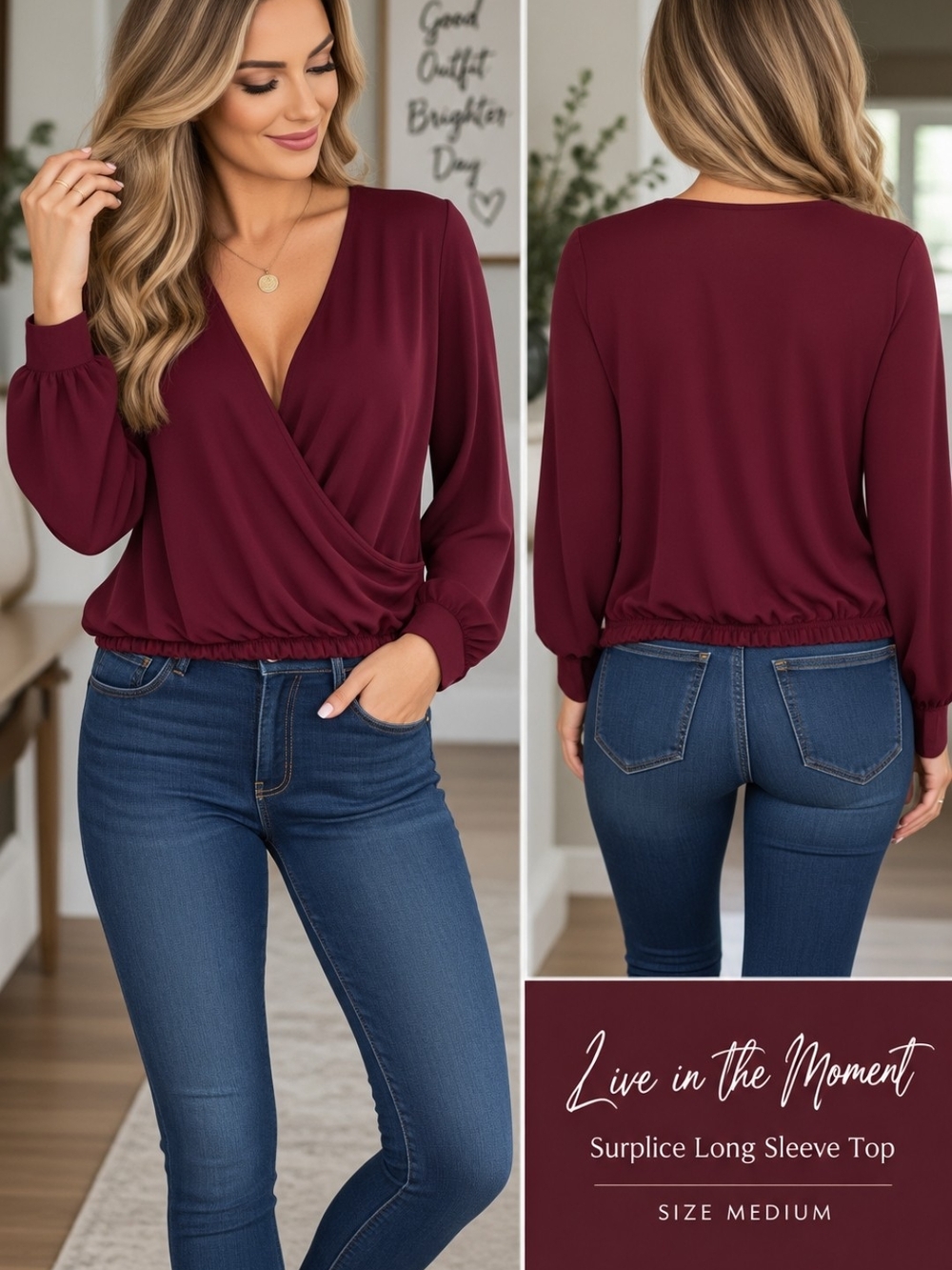 Women's Burgundy Surplice Long Sleeve Blouse